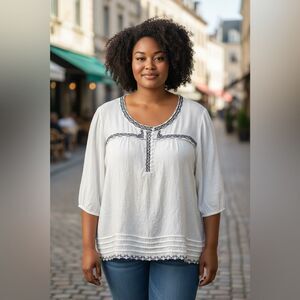 NEW Maggie Barnes White Blouse with Black Accents 3X